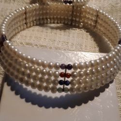 Freshwater Pearl And Gemstone Necklace  And Bracelet Set