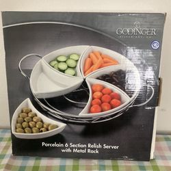 Godinger Silver Art Porcelain 6 Section Relish Server With Metal Rack
