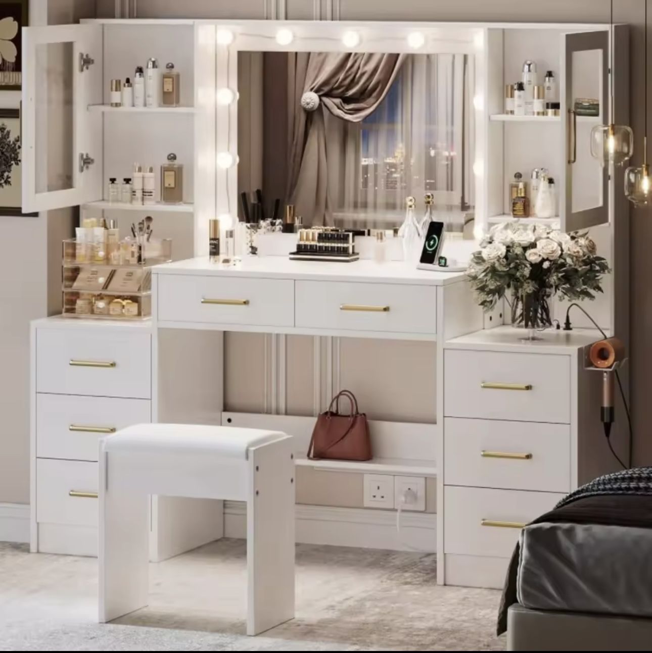 58.3" Vanity Desk with Mirror & Lights, Makeup Vanity with 10 LED Lights, 8 Metal Sliding Drawers & 2 Cabinets, White Vanity Set