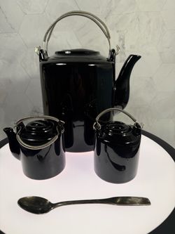 Gorgeous Vintage Ceramic Chinese Black Tea Set - Teapot, Creamer and Sugar Vessel w/Wire Wrapped Handle. Excellent Condition. Glossy black ceramic tea
