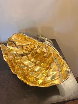 Stunning MCM Centerpiece Bowl Ceramic Clam Gold Interior Palm Beach Chic