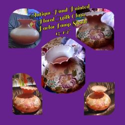 Antique Hand Painted Floral Milk Glass Parlor Lamp Shade 13-1/2" 