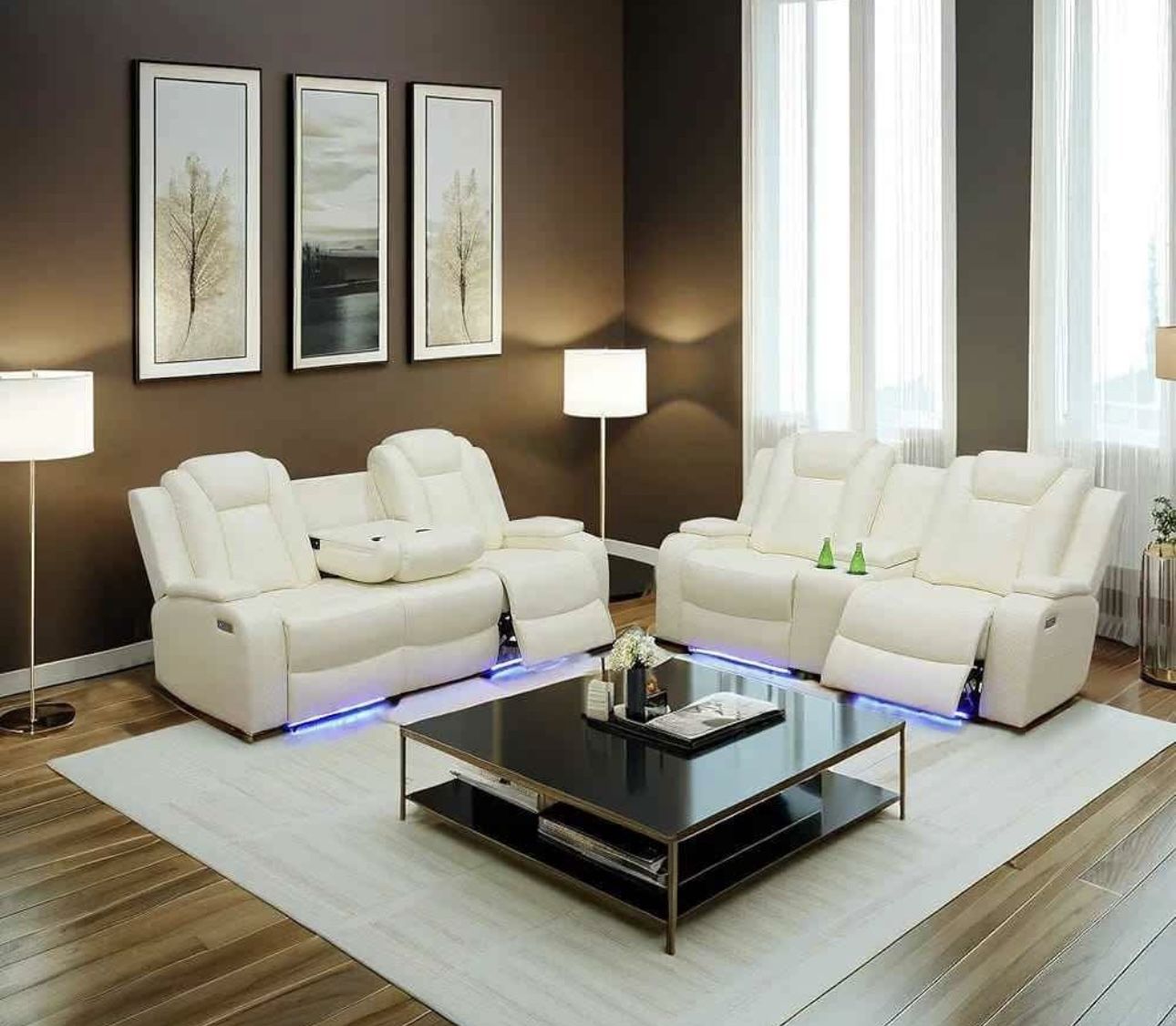 Power Electric White Leather Fully Reclining Couch Set