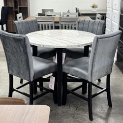 BRAND NEW Dining Table Set, Counter Height Dining Table + 4 Velvet Chairs, Marble Top Design