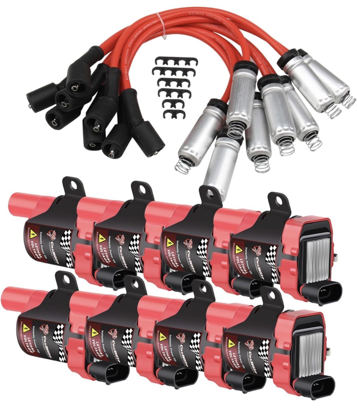Pindex 8 Pack D585 Ignition Coils and 748UU 8mm Spark Plug Wires Compatible with Chevy Silverado GMC CADILLAC Chevrolet 