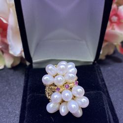 14K Ruby Pearls Cluster Ring 