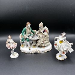 Frankenthal Dresden Art Lace Porcelain Couple Playing Chess Figurine Germany