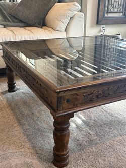 Large 48” Square Solid Wood Carved Coffee Table with Glass Top