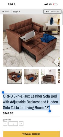 ORRD 3-in-1Faux Leather Sofa Bed with Adjustable Backrest and Hidden Side Table for Living Room 48''