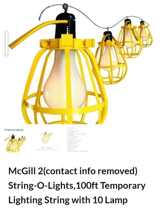 McGill String-O-Lights,100ft. Temporary Lighting String With 10 Lamp Sockets And Guards