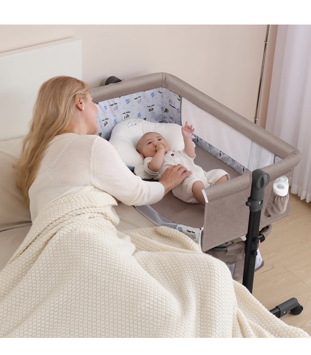 Baby Bassinet, Baby Basinet Bedside Sleeper, Easy to Fold Portable Crib Side Bassinet 2023new Style Girl/boy bassinets (Beige)