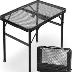 2Ft Small Folding Table with Carry Handle, Adjustable Height 10.6–22 in, Black Metal Mesh, Portable & Compact Indoor/Apartment/Card/Side/Grill Table, 