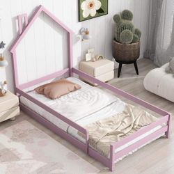 Twin Size Montessori Toddler Floor Bed Frame, Modern House-Shaped Frame Headboard Bed Pink And Green Available, Pine Wood, G-27