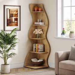 Wavy Corner Shelf, Modern 5-Tier Bookshelf Bookcase with Curvy Shape, Unique Plant Stand Display Rack for Living Room Small Space (Light Brown)
