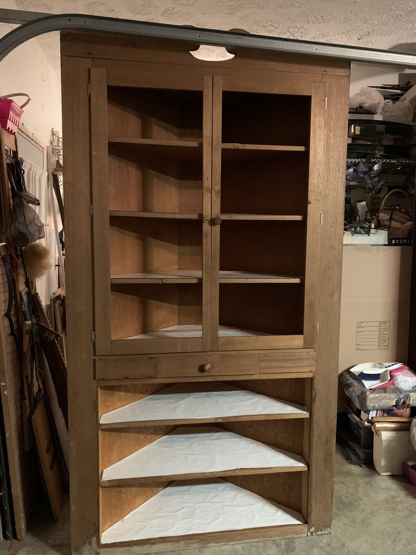Corner Cabinet…49”Wx92”Hx20”D.  4-shelf’s at top, 3-at bottom, an a drawer.  