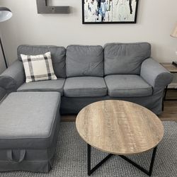 Couch, Pillow, Black Standing Lamp, and 2 Coffee Tables $200