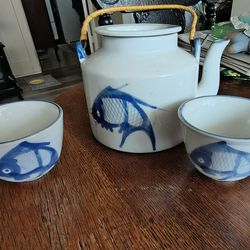 Vintage Blue Koi Tea Pot