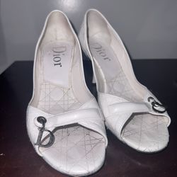 Used Christian Dior Off-white Cannage Leather Open Toe Heels 39 US Size 9 Women