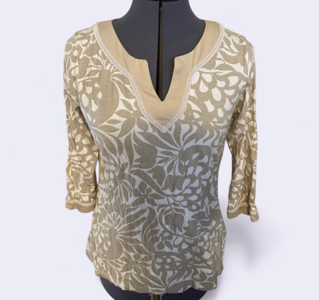 Charter Club Women's White and Tan Leaf Print Long Sleeve Shirt S/P