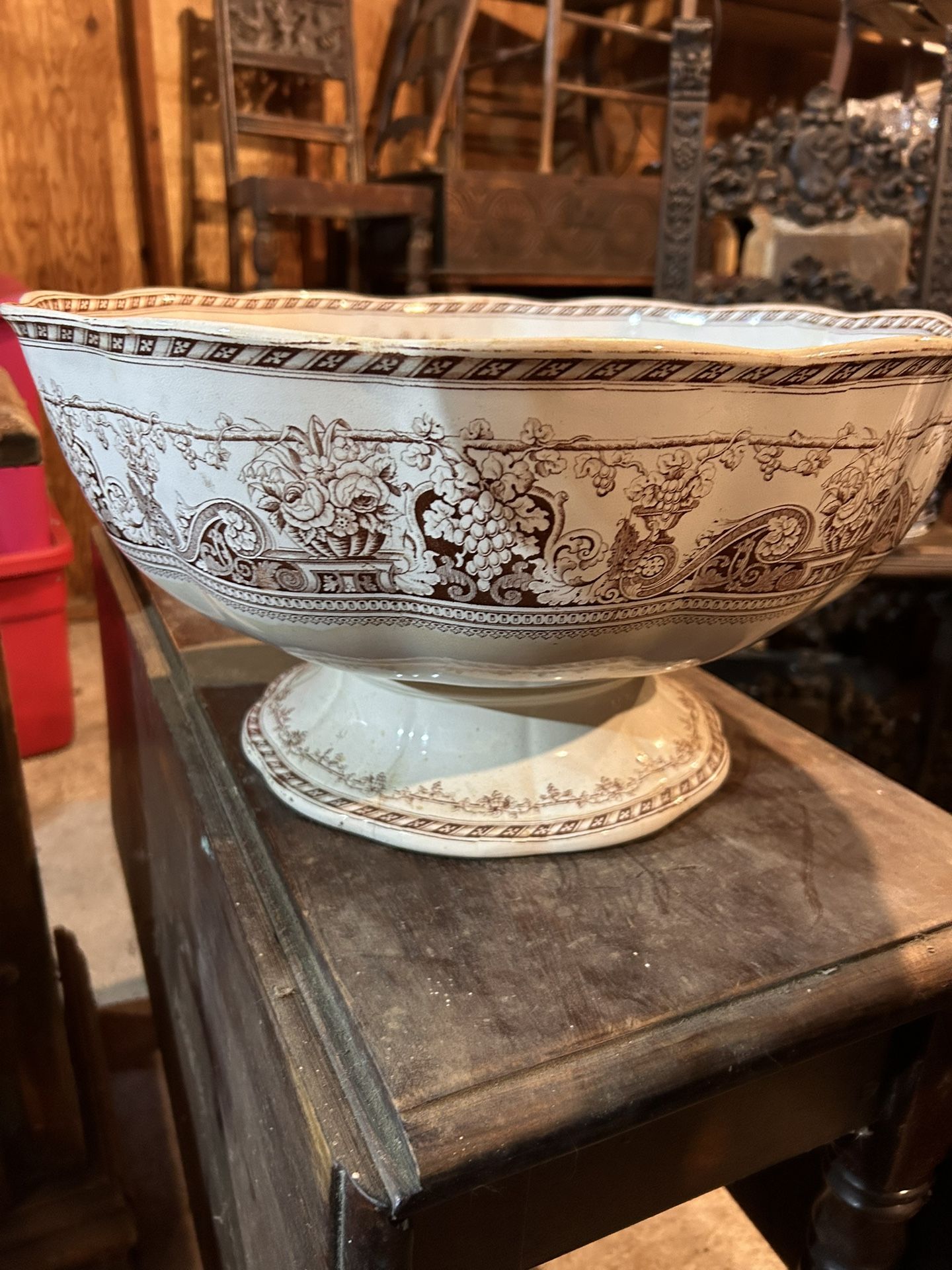 Antique Furnival Ironstone Transferware Pedestal Punch or Fruit Bowl Large Rare