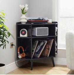 Corner Record Player Stand with Charging Station & USB Ports