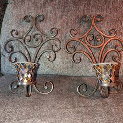 Set Of 2 Black Metal Candle Wall Hanging With 2 Stain Glass Candle Holder 