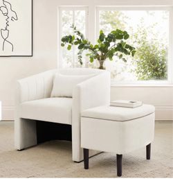 Cream Upholstered Barrel Chair and Storage Ottoman Set