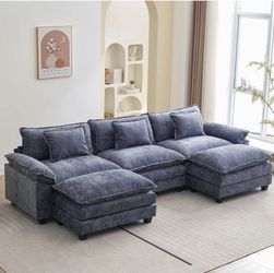 Blue-Gray U-Shaped Sectional Sofa with Ottomans