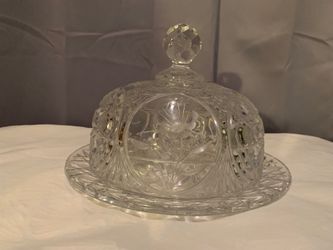 Cheese Butter Dish Crystal Cut Glass Dome Covered Rimmed Plate