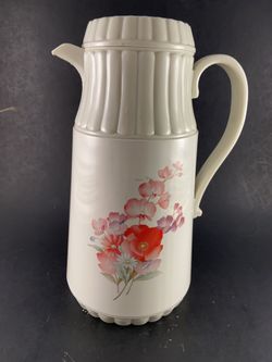 RETRO VTG WHITE PITCHER FLORAL PRINT THERMOS Insulated Coffee/Tea Server Carafe