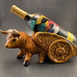Vintage Rare MCM Ceramic Brown Bull Pulling Cart Wine Bottle Holder ~ Mexico