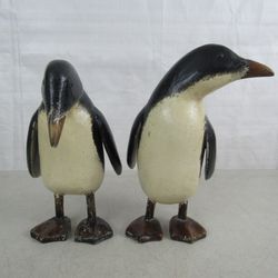 Penguins Pair Wooden Hand Crafted Folk Art Figurine Sculptures


