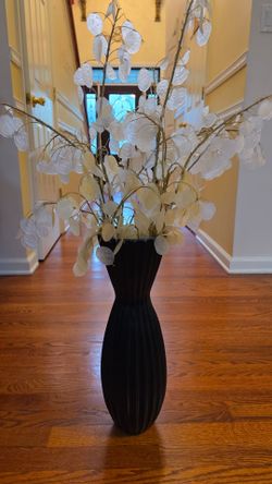 Tall Black Ribbed Floor Vase with Dried Lunaria Stems