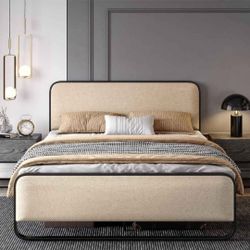 Queen Size Platform Metal Bed Frame with Curved Upholstered Headboard
