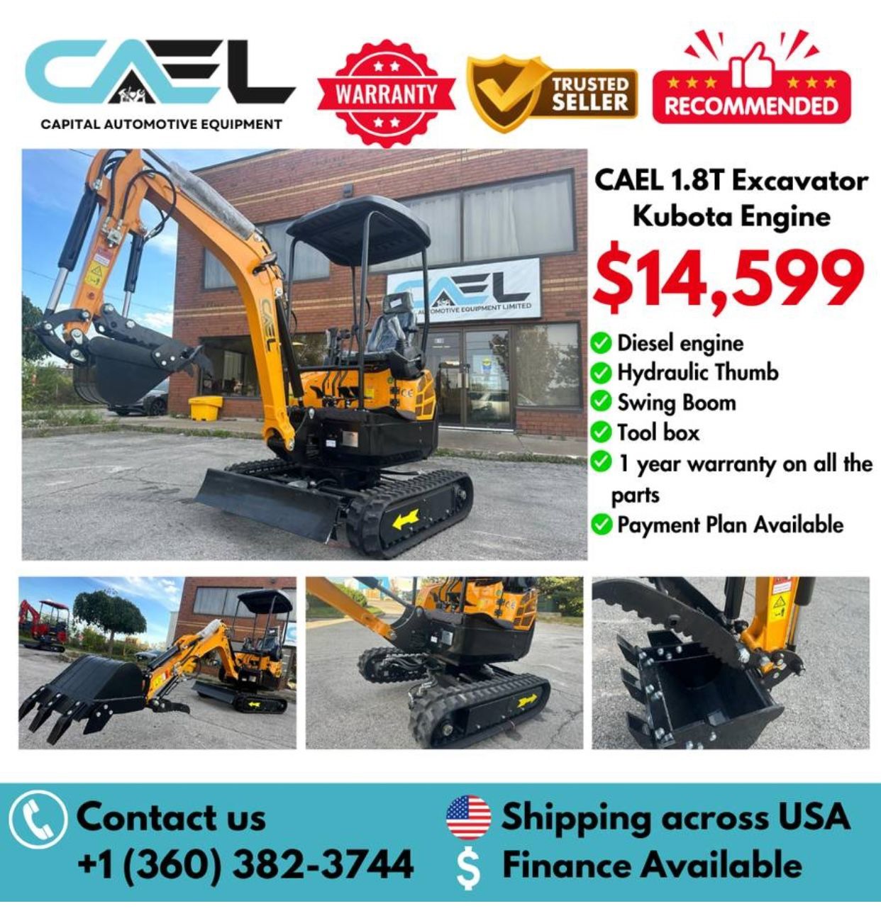 Brand New Cael Excavator With Kubota Hydraulic Thumb Swing Arm 