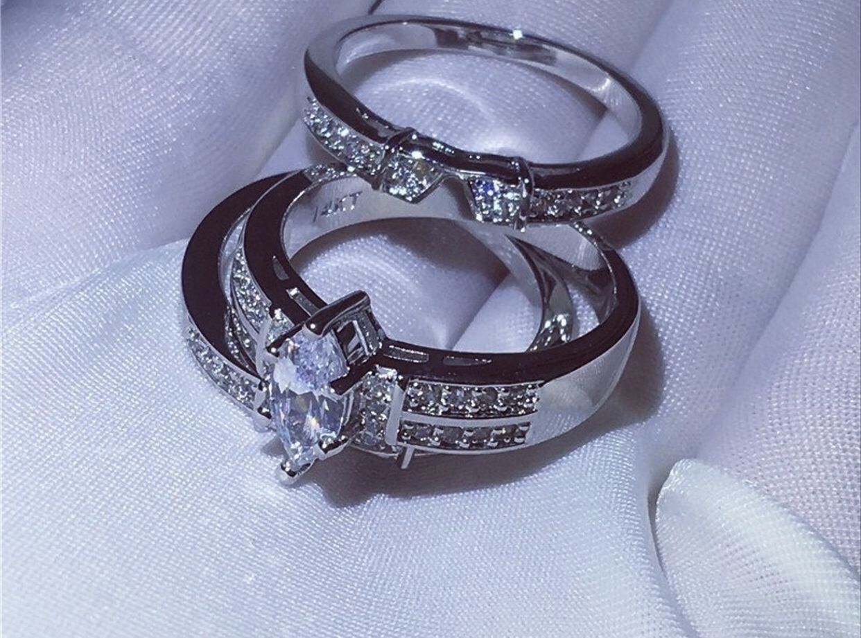 Shiny woman 925 Sterling silver Marquise Cut 3.45CT Diamond jewelry Bridal wedding ring set size 7&8