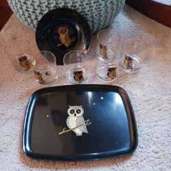 Vintage MCM Couroc Owl Pattern Set Of Tray, Bowl And Bar Glasses