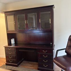 Desk With Overhead Glass-Door Cabinet Bookcase