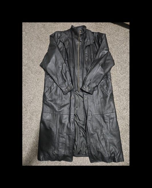 Saxony Genuine Leather Long Coat Mens XL Regular Black Trench