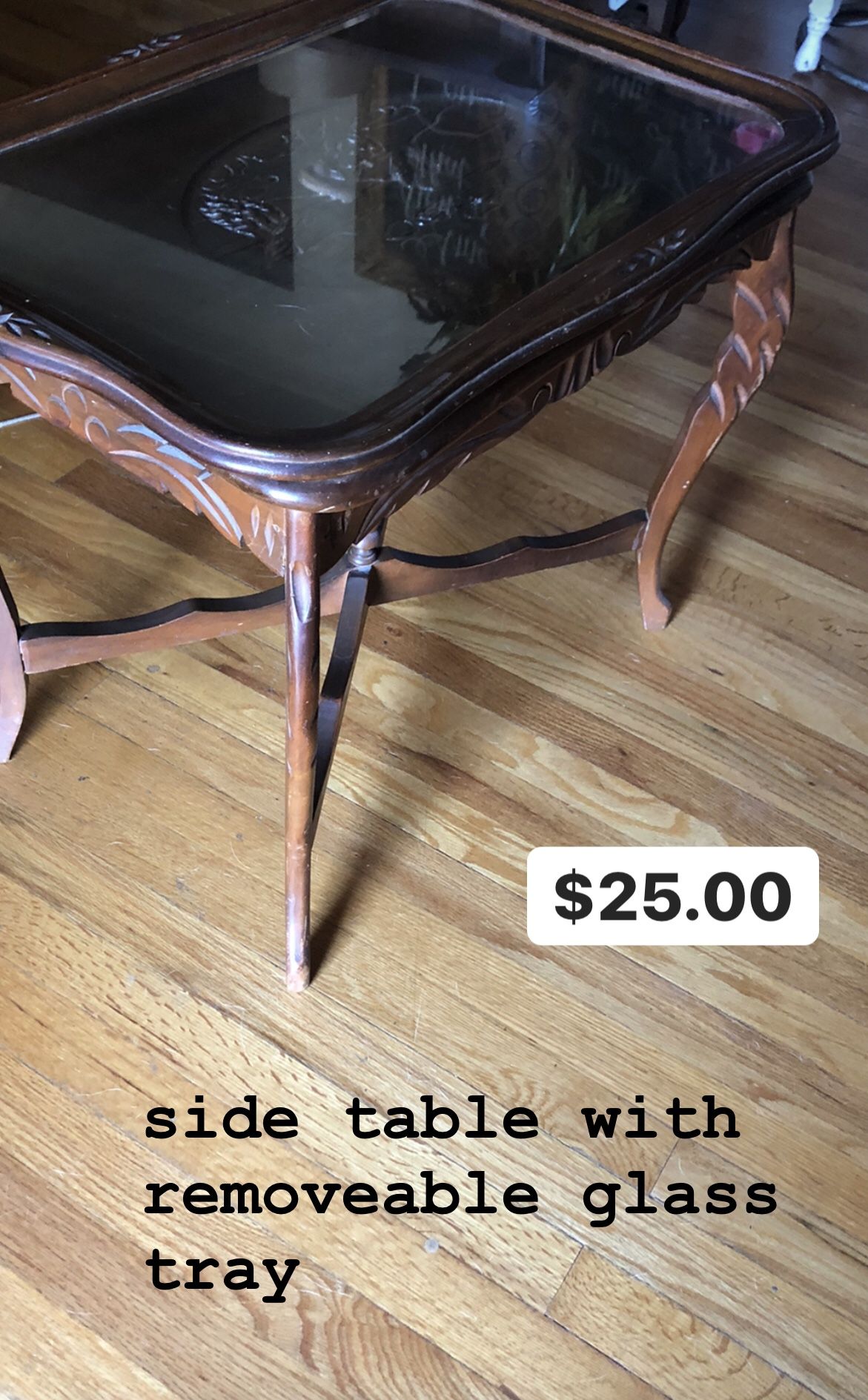 Antique side table with removable drink tray