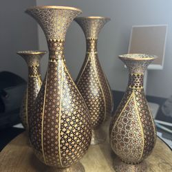 Handmade Persian Khatamkari Copper Vases – Set of 4 – Authentic Iranian Art