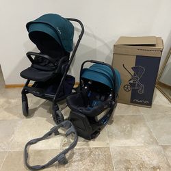 Nuna Mixx Next Stroller With Car Seat With Green Canopy