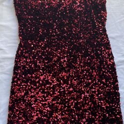 B.Darlin Dress Red Sequins With A Little Black One Arm Strap On Left Side Size 17/18
