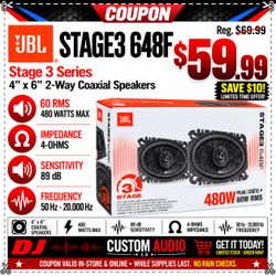 JBL Stage3 648F 4"x6" 2-Way Coaxial Car Audio Speakers Pair 4x6 Inch Gen2 120W RMS 960W Peak 4-Ohm High Sensitivity Factory Door Dashboard Replacement
