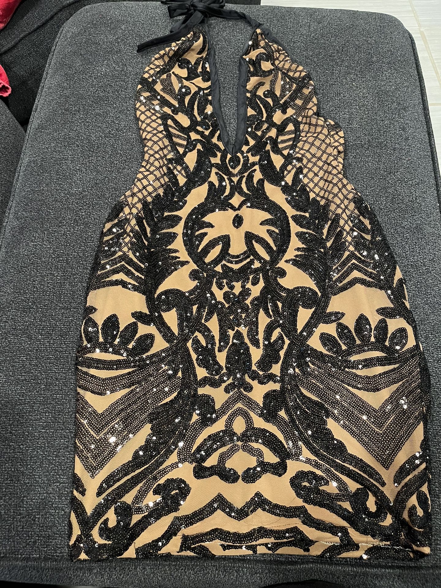 Black Sequin Halter Dress