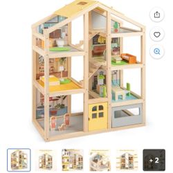 Infans Kids Wooden Dollhouse with 7 Rooms 18 Pcs Furniture Accessories 2 Figures
