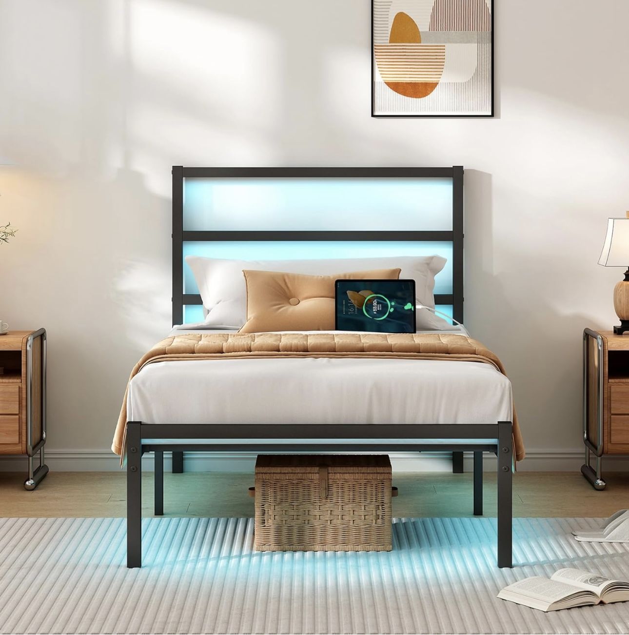 Twin Bed Frame with Headboard and Footboard,Steel Slats Support-LED Bed Frame with USB Charging Station,Mattress Foundation-Under Bed Storage,No Box S