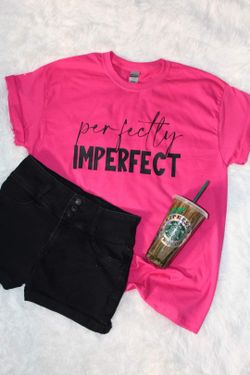NEW "Perfectly Imperfect" Tee Shirt

Size: Large

Measurements: Chest - 22 inches, Shoulder to Hem - 28 inches

Color: Bright Pink T-Shirt, Black Prin