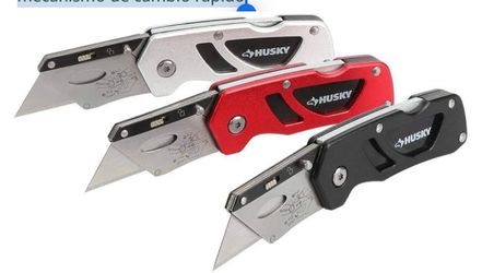 Husky - Juego de cuchillos utilitarios de 3 piezas, cuchillas de cuchillo utilitario con bloqueo plegable de agarre seguro, cuchillas de utilidad resi