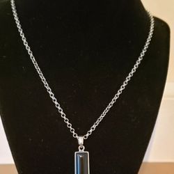 Elegant Black Rectangle Pendant  On Silver Tone 24" Chain